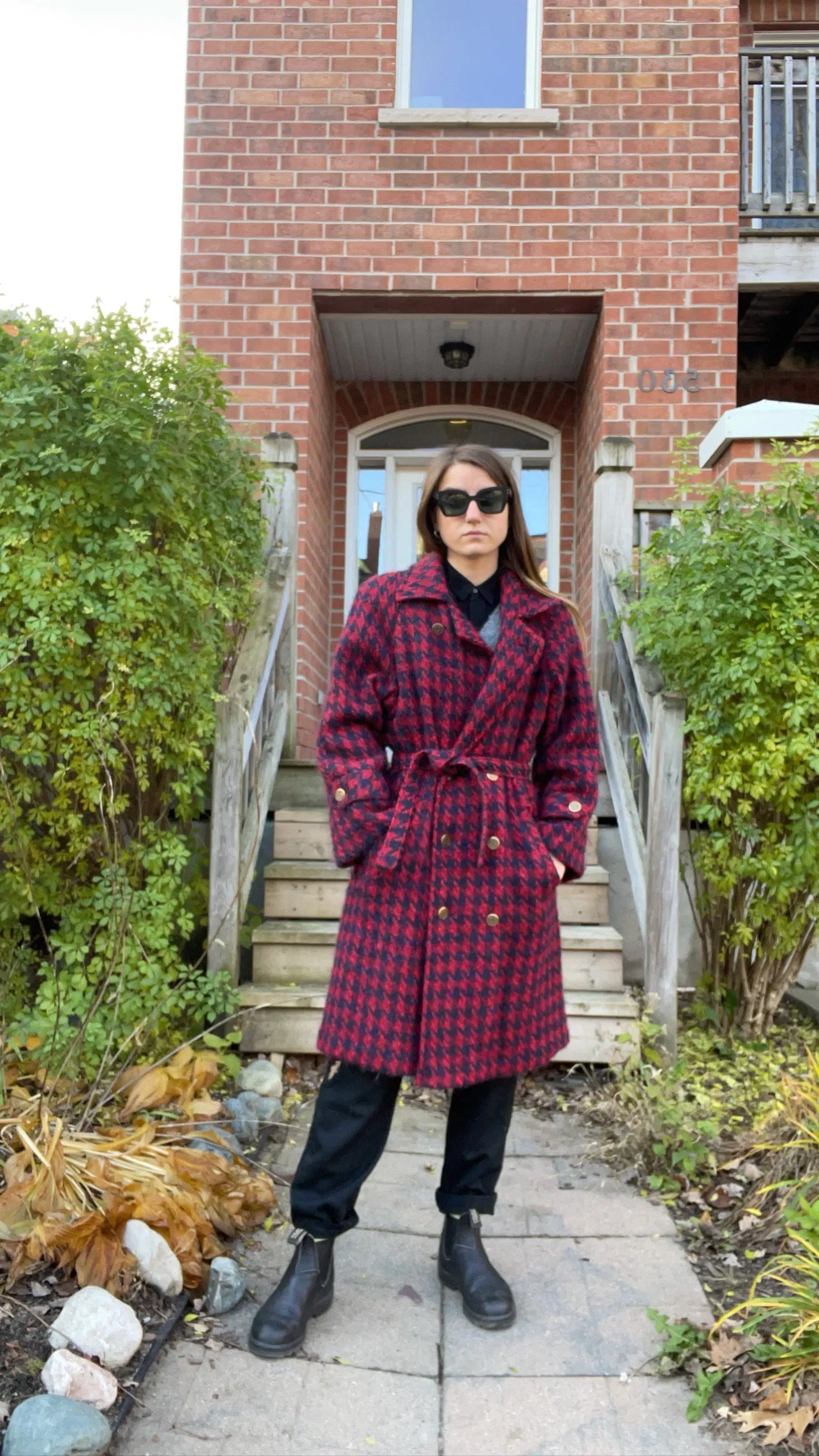 80s Sanders & Gold Cozy Houndstooth Overcoat - M