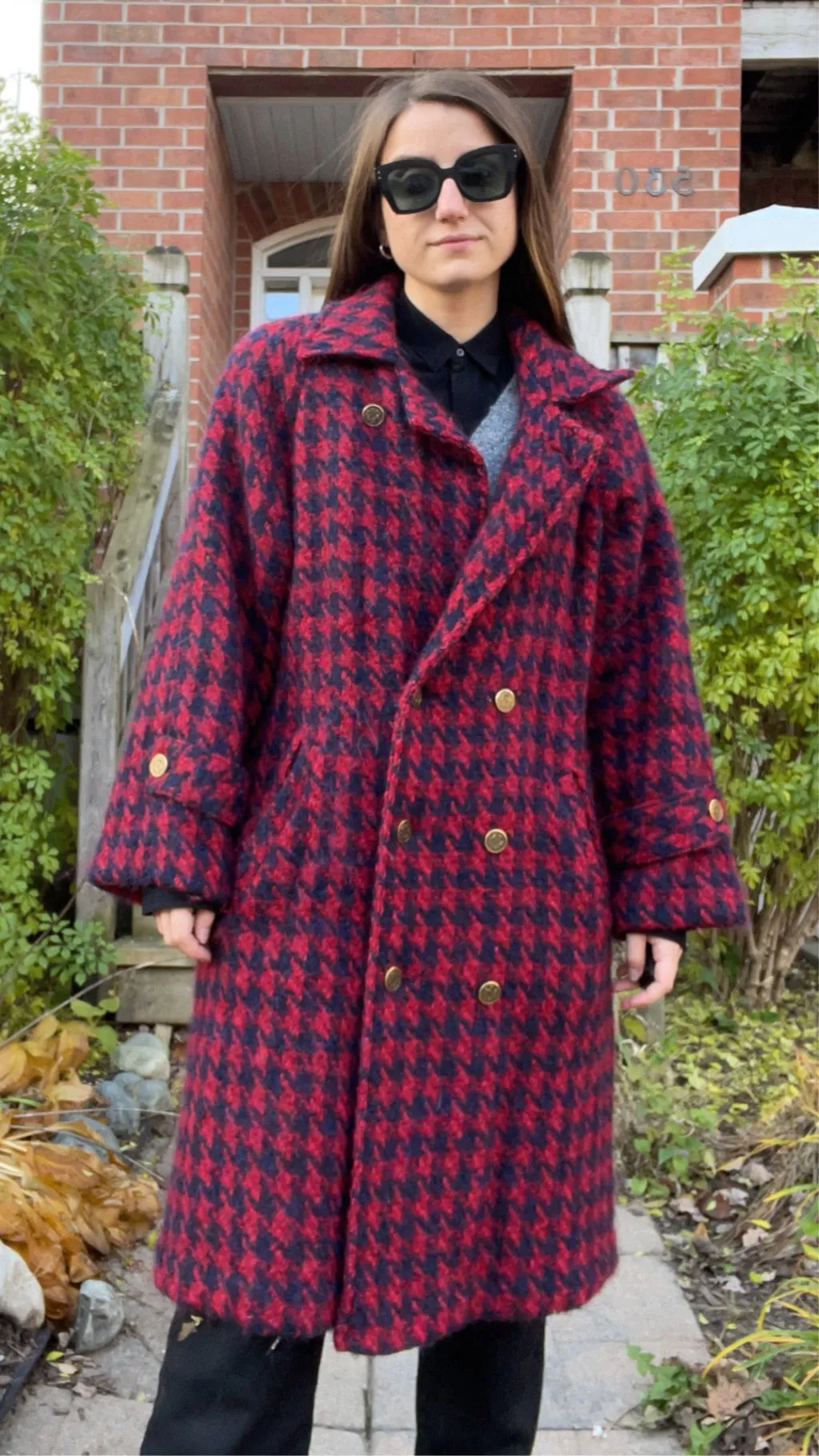 80s Sanders & Gold Cozy Houndstooth Overcoat - M