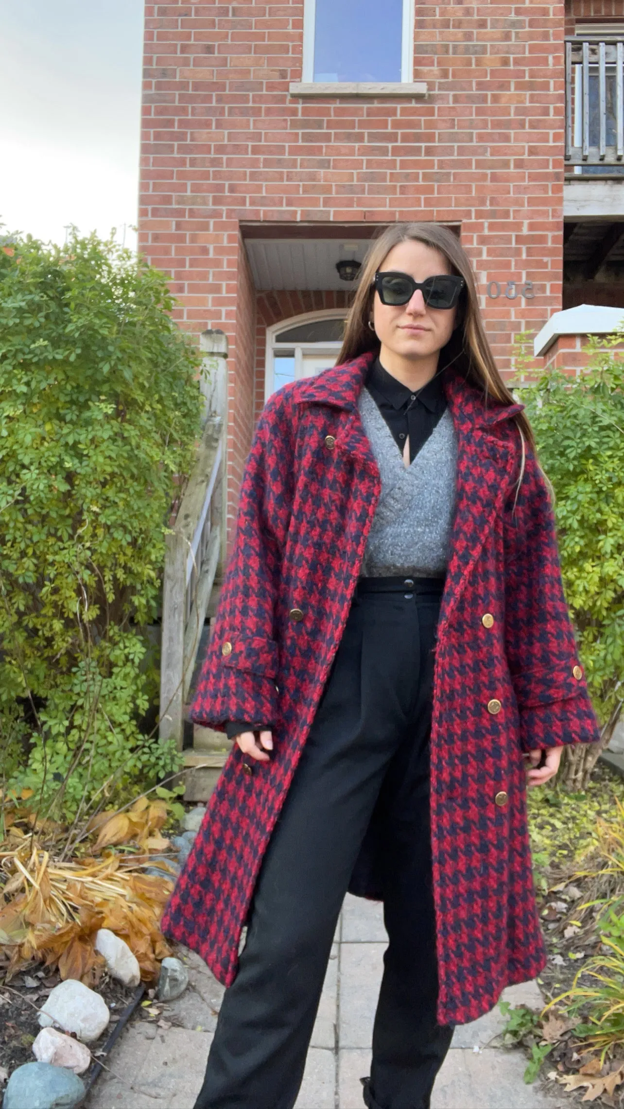 80s Sanders & Gold Cozy Houndstooth Overcoat - M