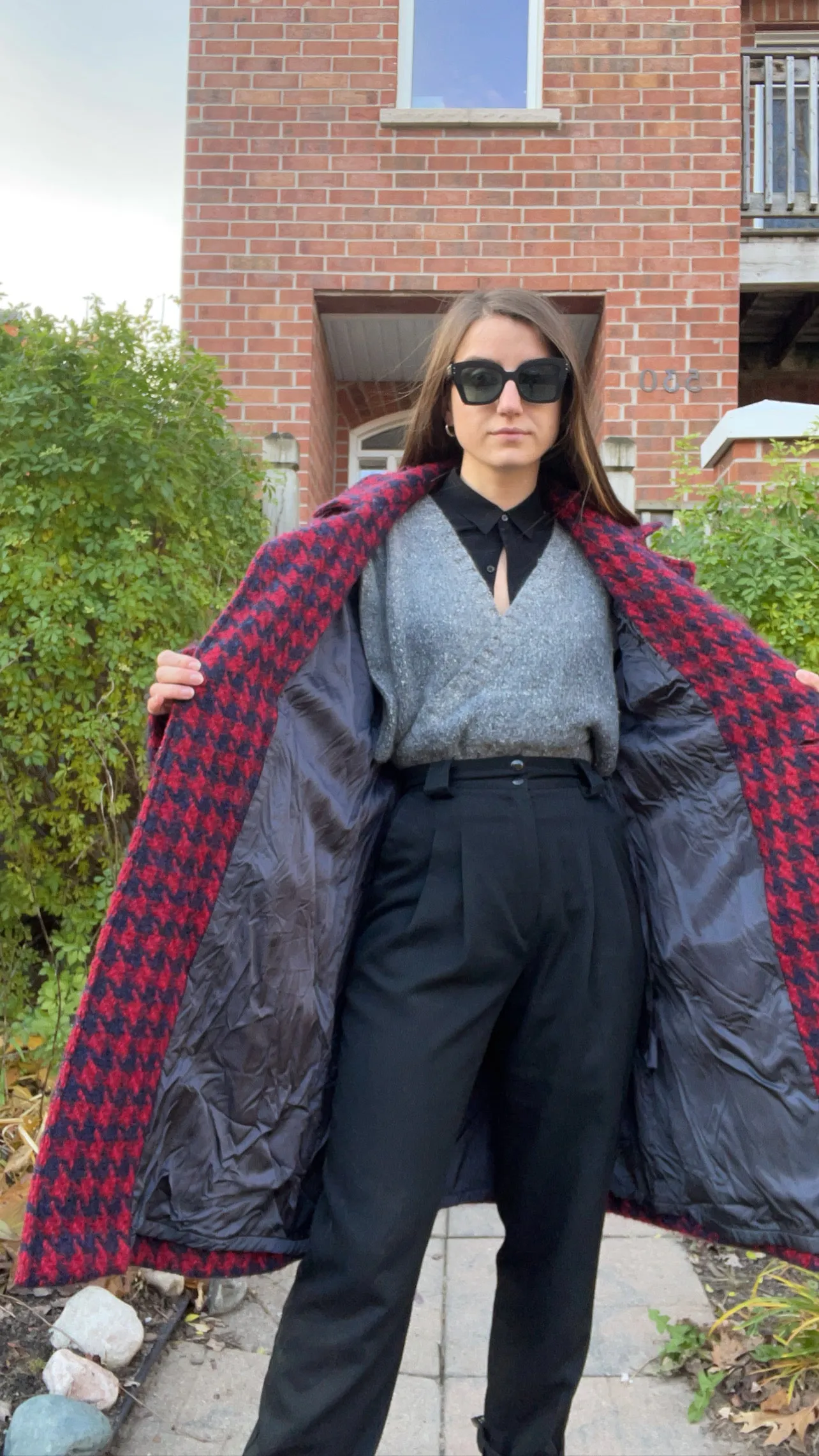 80s Sanders & Gold Cozy Houndstooth Overcoat - M