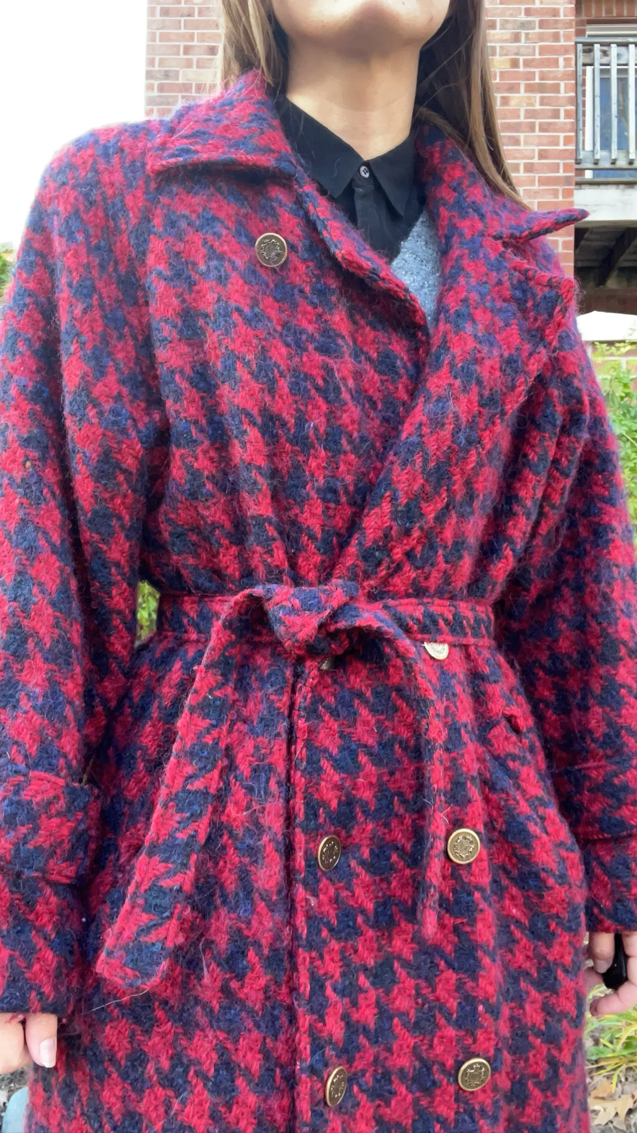 80s Sanders & Gold Cozy Houndstooth Overcoat - M