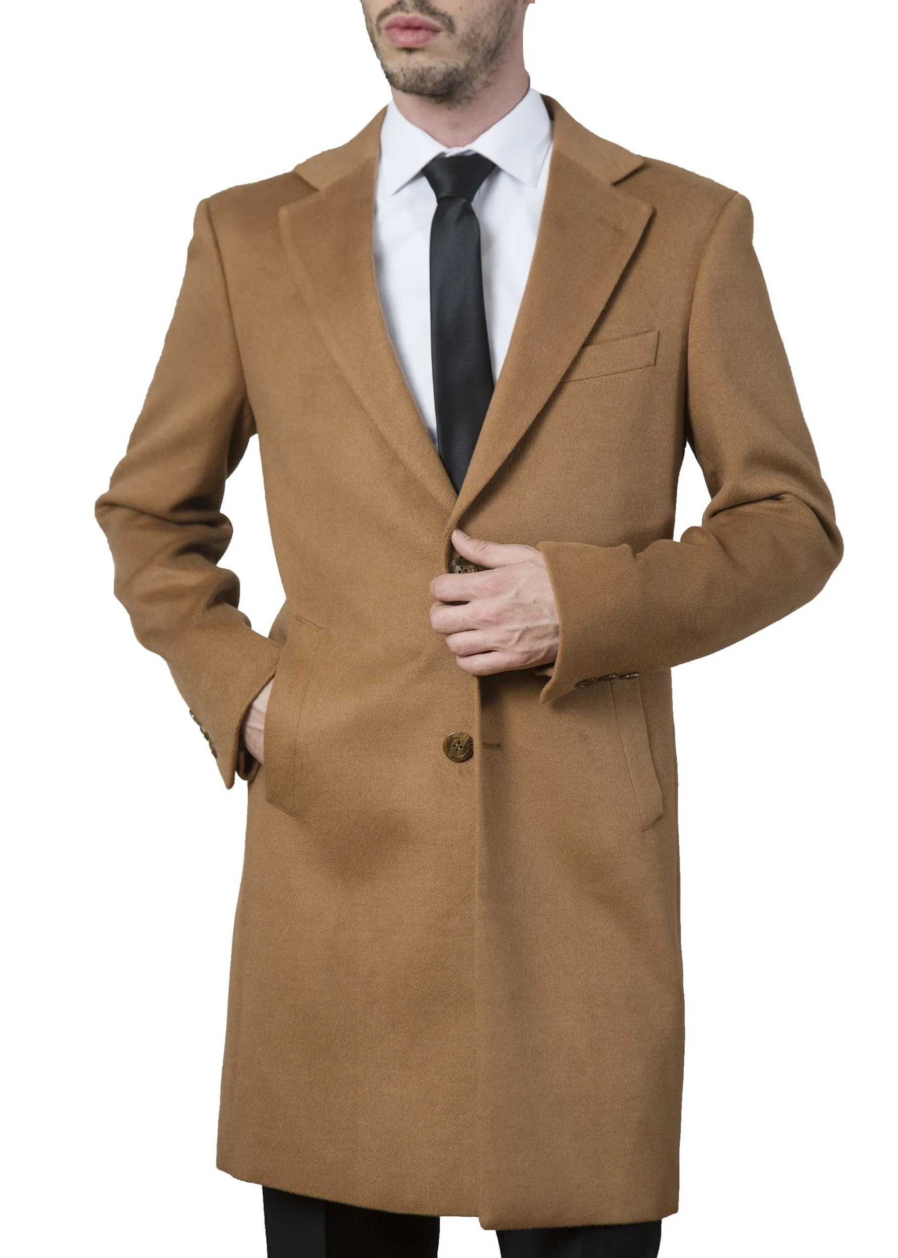 Adam Baker Men's Modern Fit 3/4 Length Overcoat Single Breasted Luxury Cashmere-Feel Top Coat