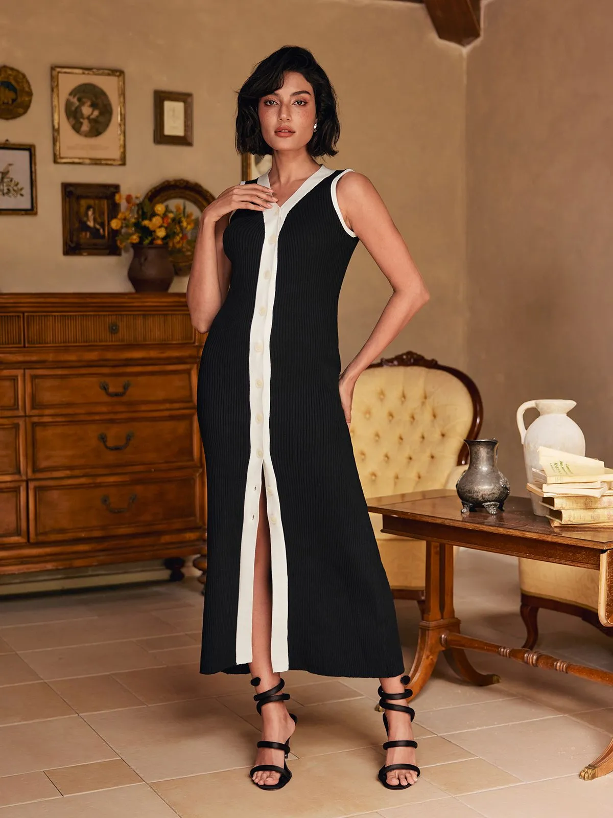 Allston V Neck Button Knitted Midi Dress In Black