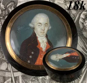 Antique French 18th Century Portrait Miniature Snuff Box, 1700s Tortoise Shell & 18k Gold