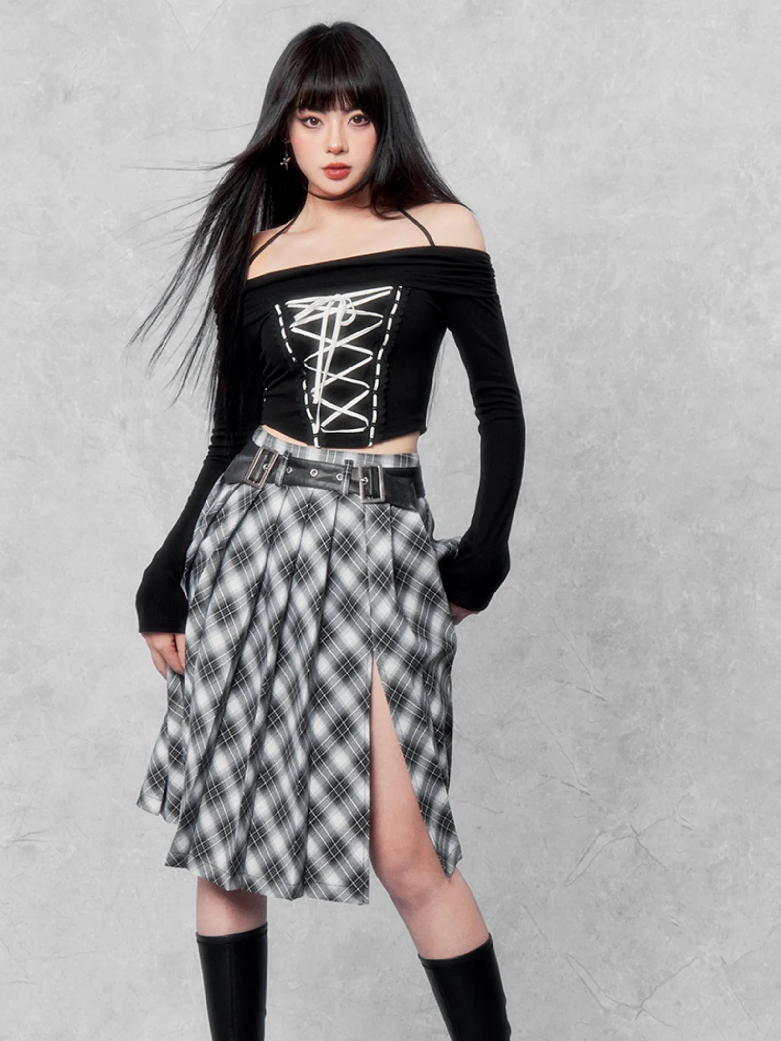 Babes Design Sense Plaid Slit Pleated Skirt