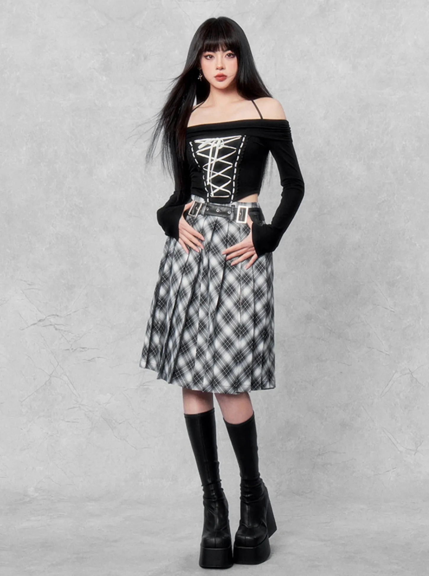 Babes Design Sense Plaid Slit Pleated Skirt