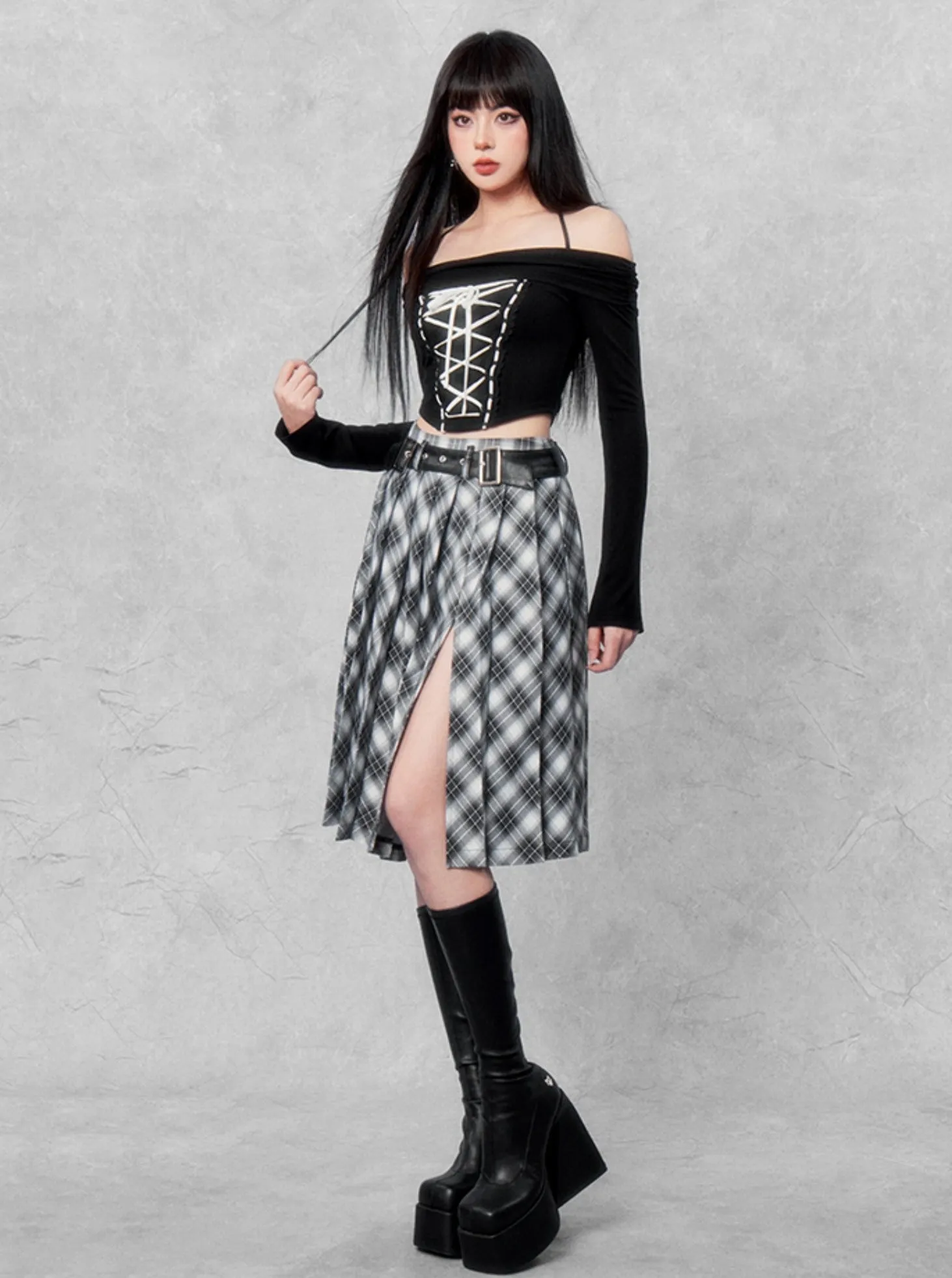 Babes Design Sense Plaid Slit Pleated Skirt