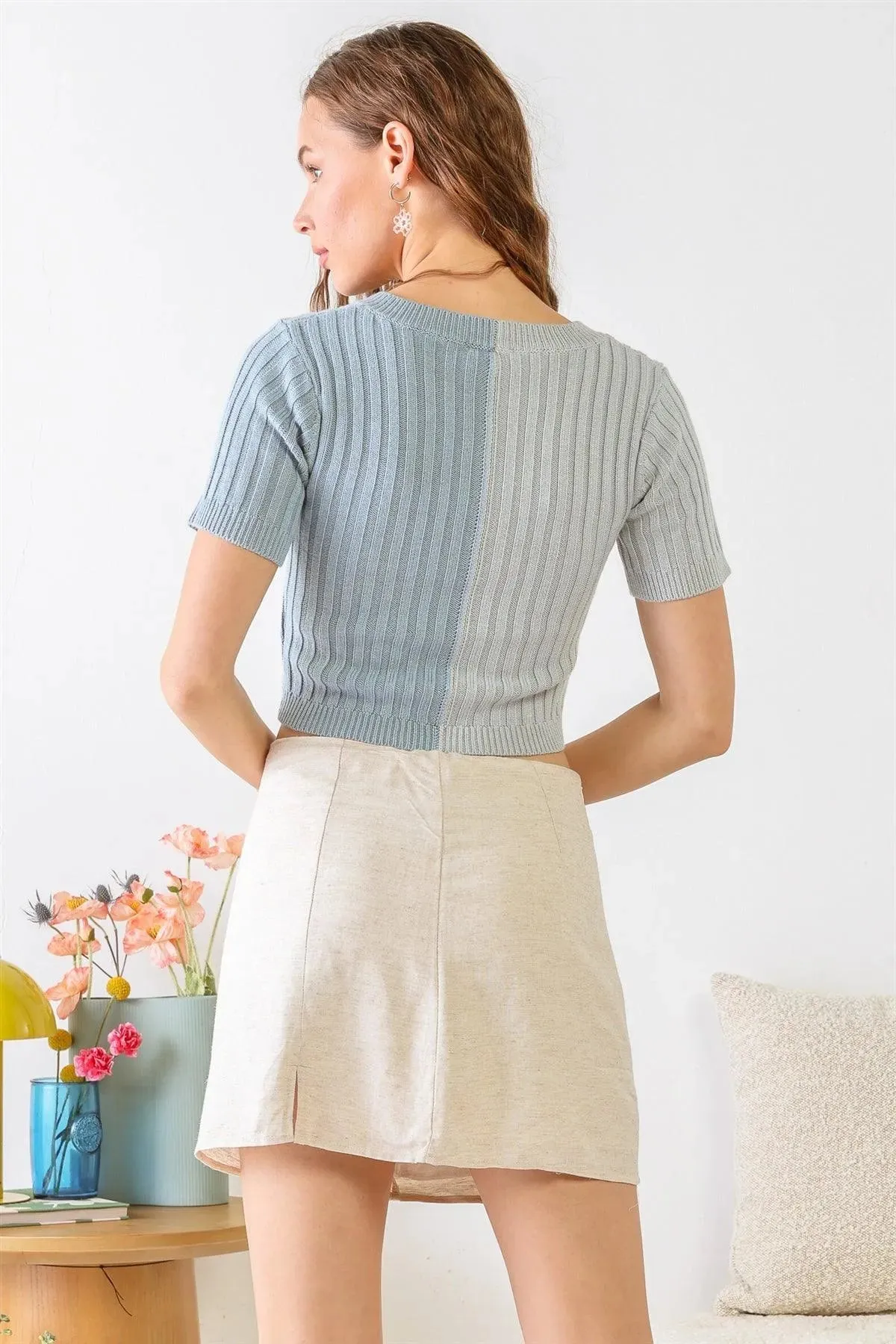Baby Blue Multi Colorblocked Ribbed Knit Short Sleeve Crop Top /3-2-1