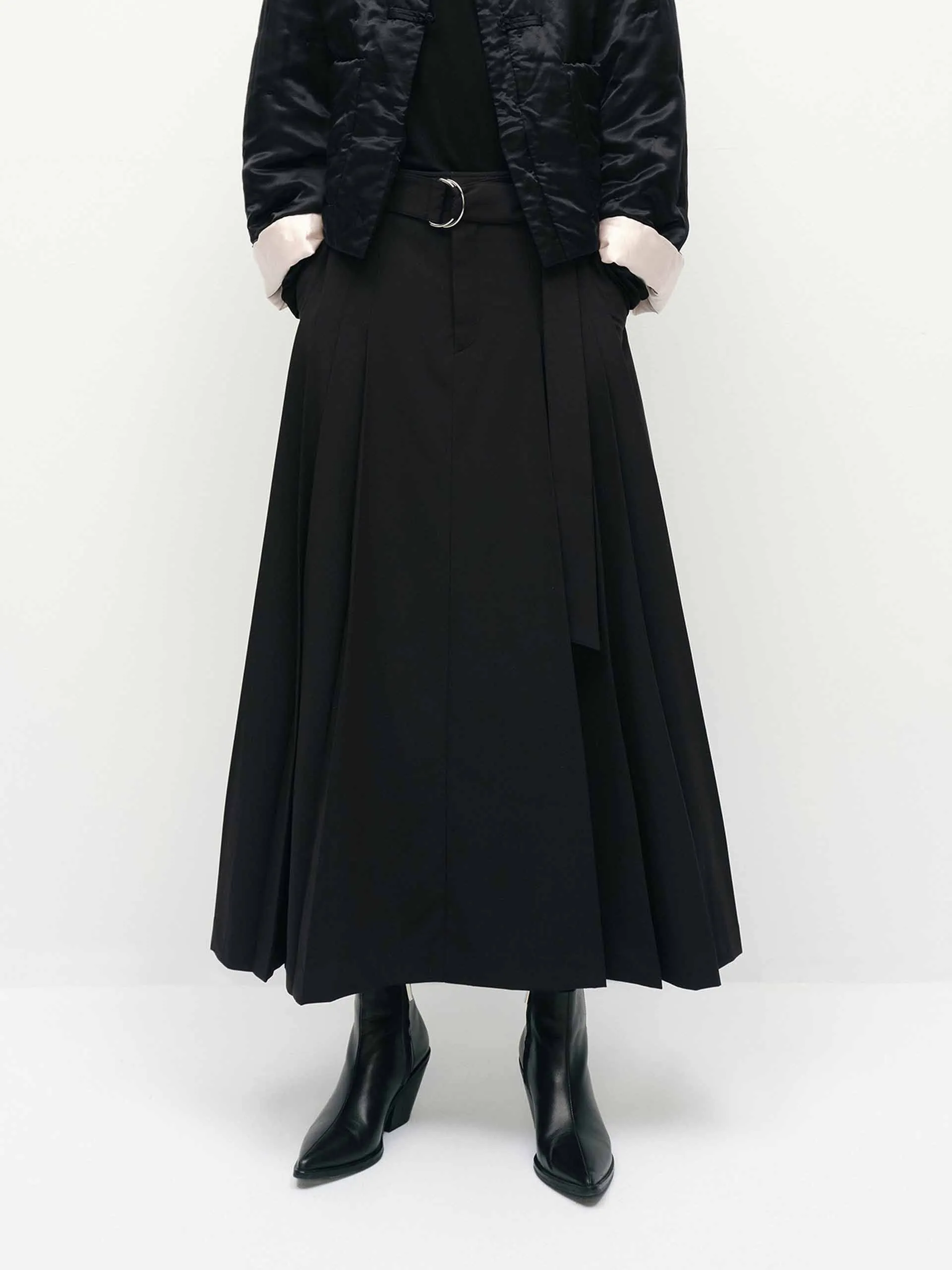 Belted A-line Pleated Skirt