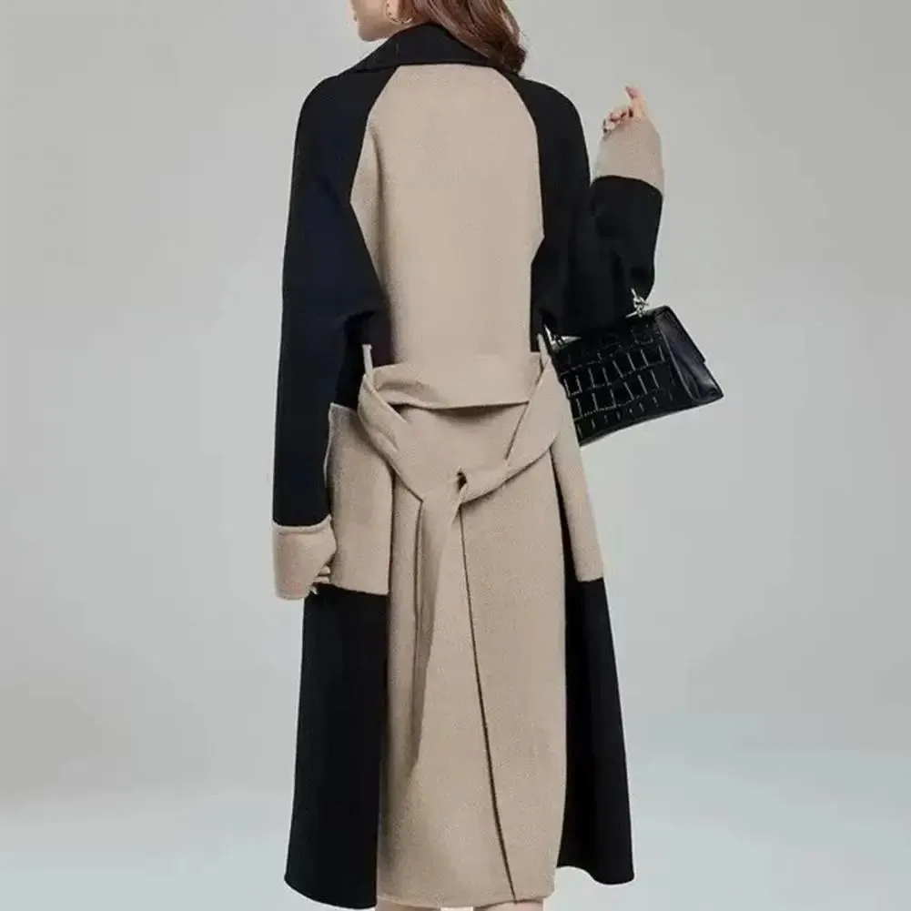 Belted Overcoat Stylish Women's Double-breasted Winter Overcoat with Belt Pockets Loose Fit Thermal Long Sleeve for Commuting