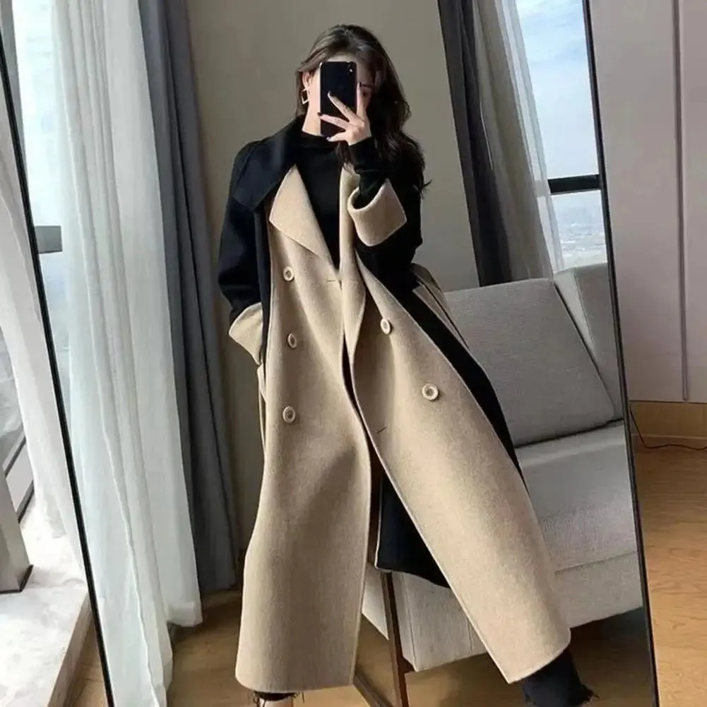 Belted Overcoat Stylish Women's Double-breasted Winter Overcoat with Belt Pockets Loose Fit Thermal Long Sleeve for Commuting