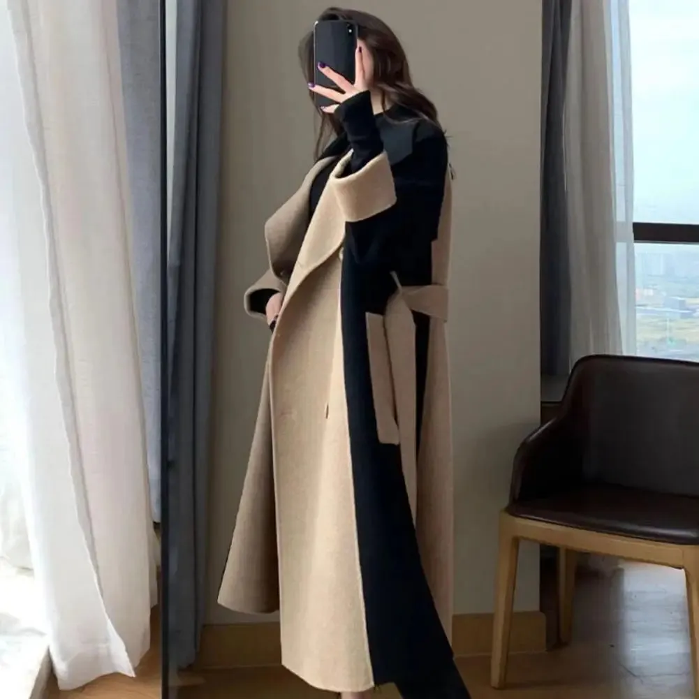 Belted Overcoat Stylish Women's Double-breasted Winter Overcoat with Belt Pockets Loose Fit Thermal Long Sleeve for Commuting