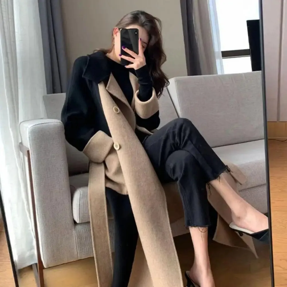 Belted Overcoat Stylish Women's Double-breasted Winter Overcoat with Belt Pockets Loose Fit Thermal Long Sleeve for Commuting
