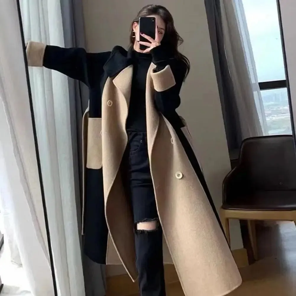Belted Overcoat Stylish Women's Double-breasted Winter Overcoat with Belt Pockets Loose Fit Thermal Long Sleeve for Commuting
