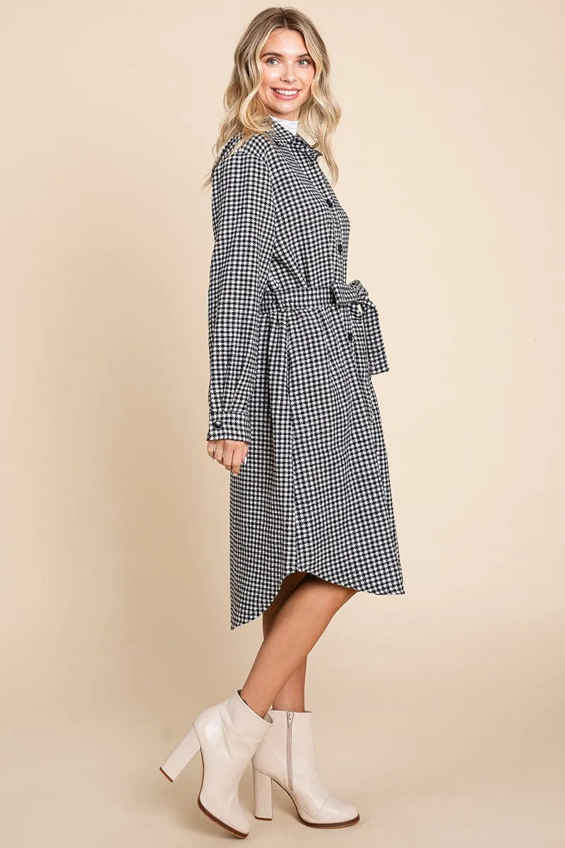 Belted Plaid and Houndstooth Shacket Shirt Dress