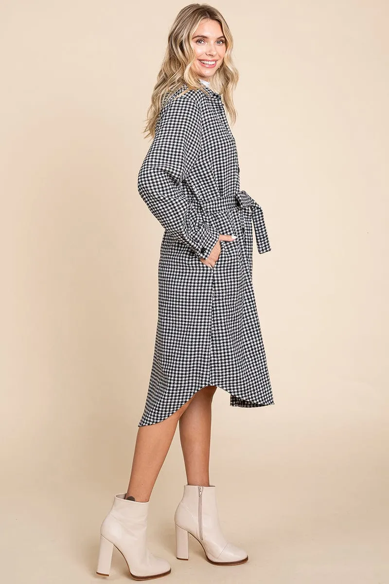 Belted Plaid and Houndstooth Shacket Shirt Dress