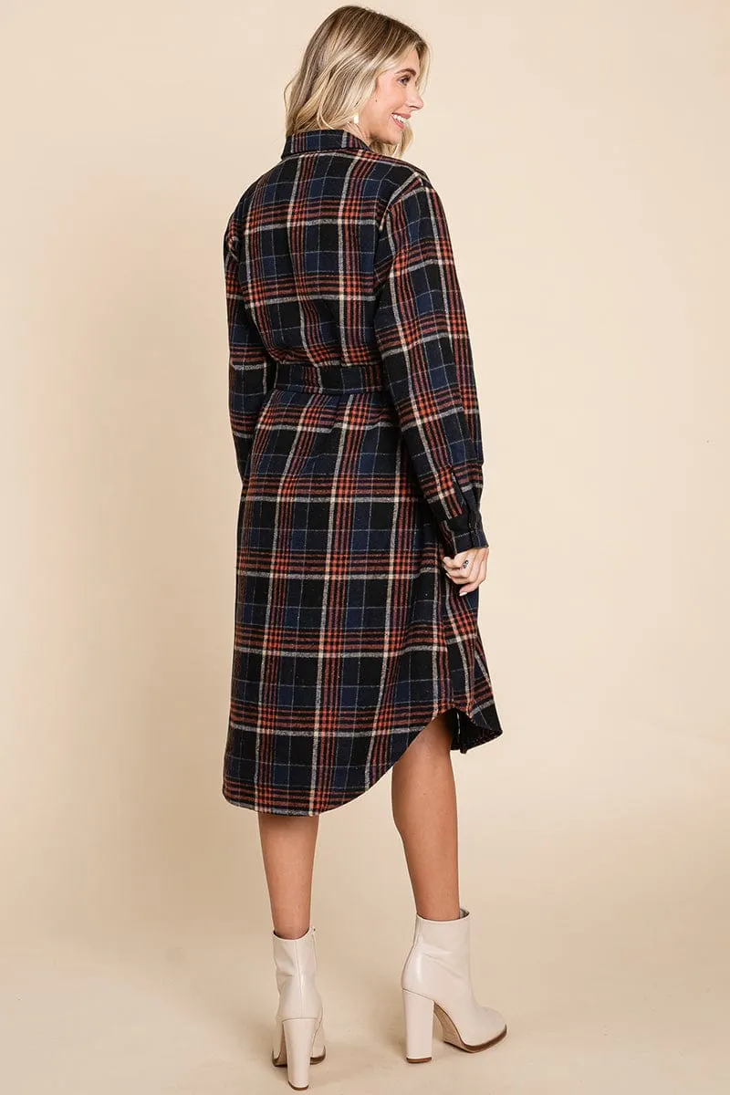 Belted Plaid and Houndstooth Shacket Shirt Dress