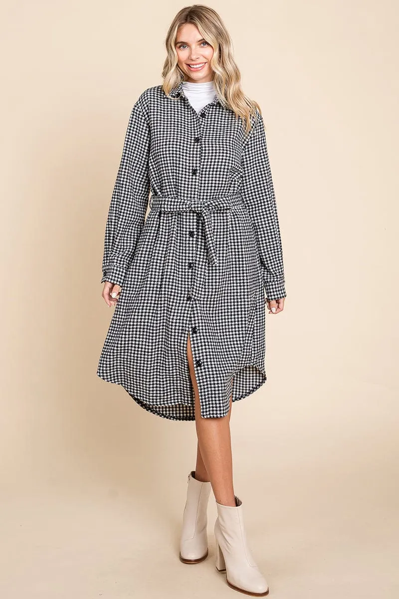 Belted Plaid and Houndstooth Shacket Shirt Dress