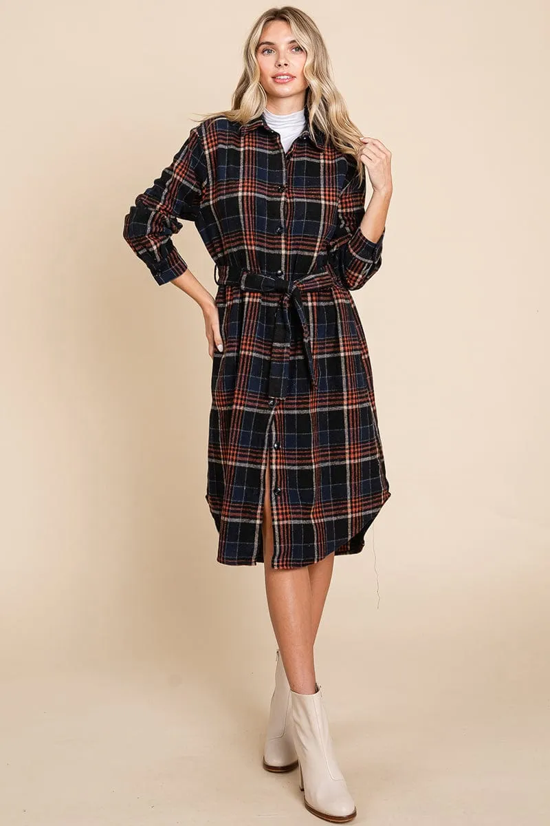 Belted Plaid and Houndstooth Shacket Shirt Dress