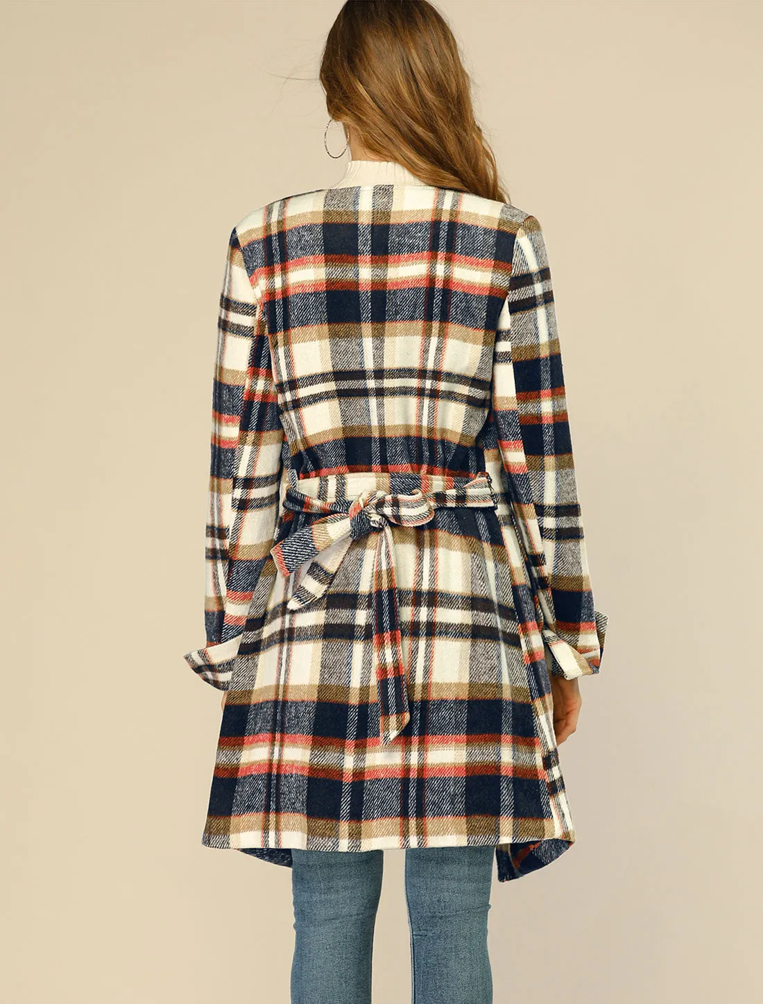 Belted Wrap Outerwear Shawl Collar Asymmetric Hem Plaid Coat