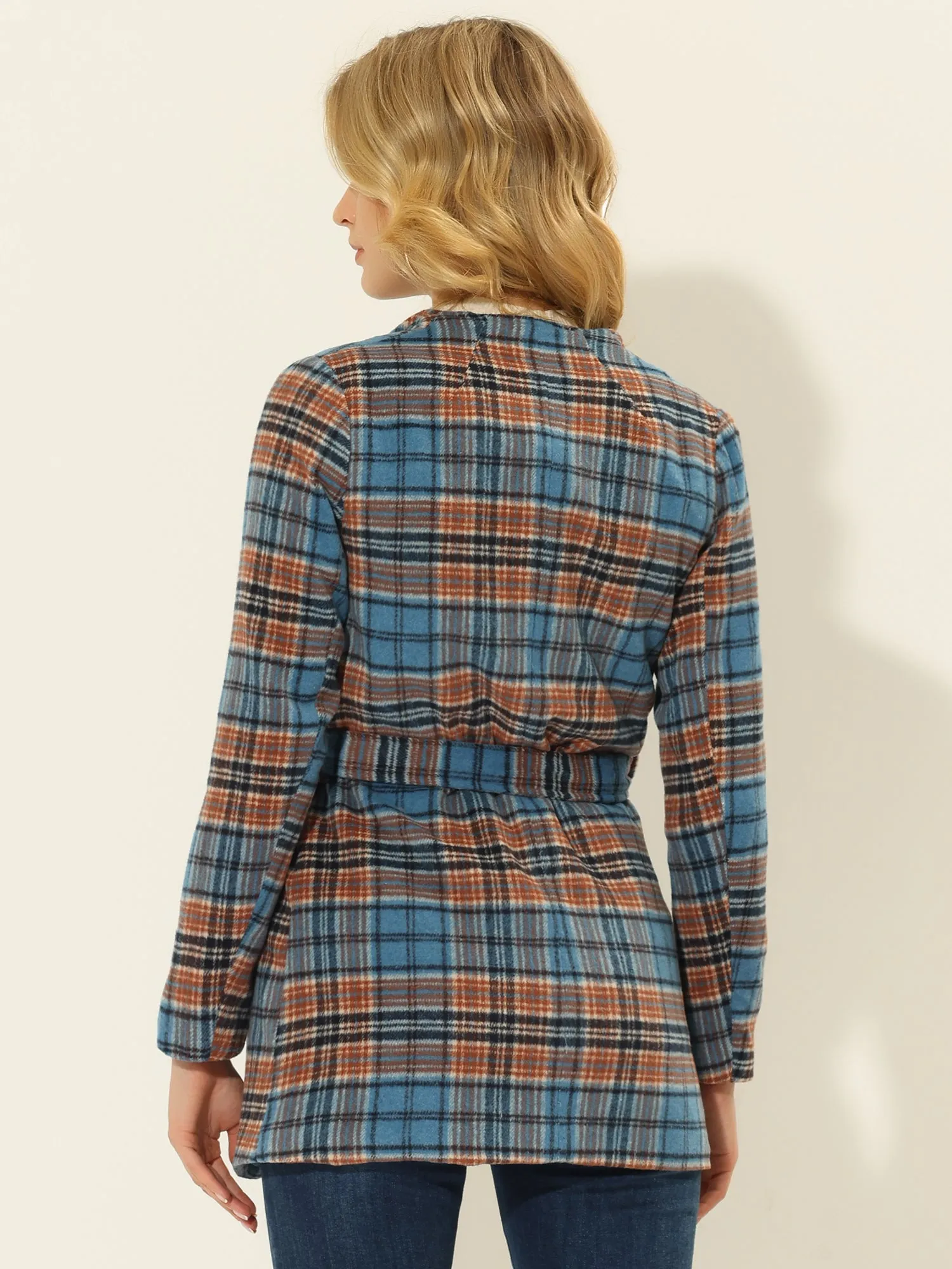 Belted Wrap Outerwear Shawl Collar Asymmetric Hem Plaid Coat