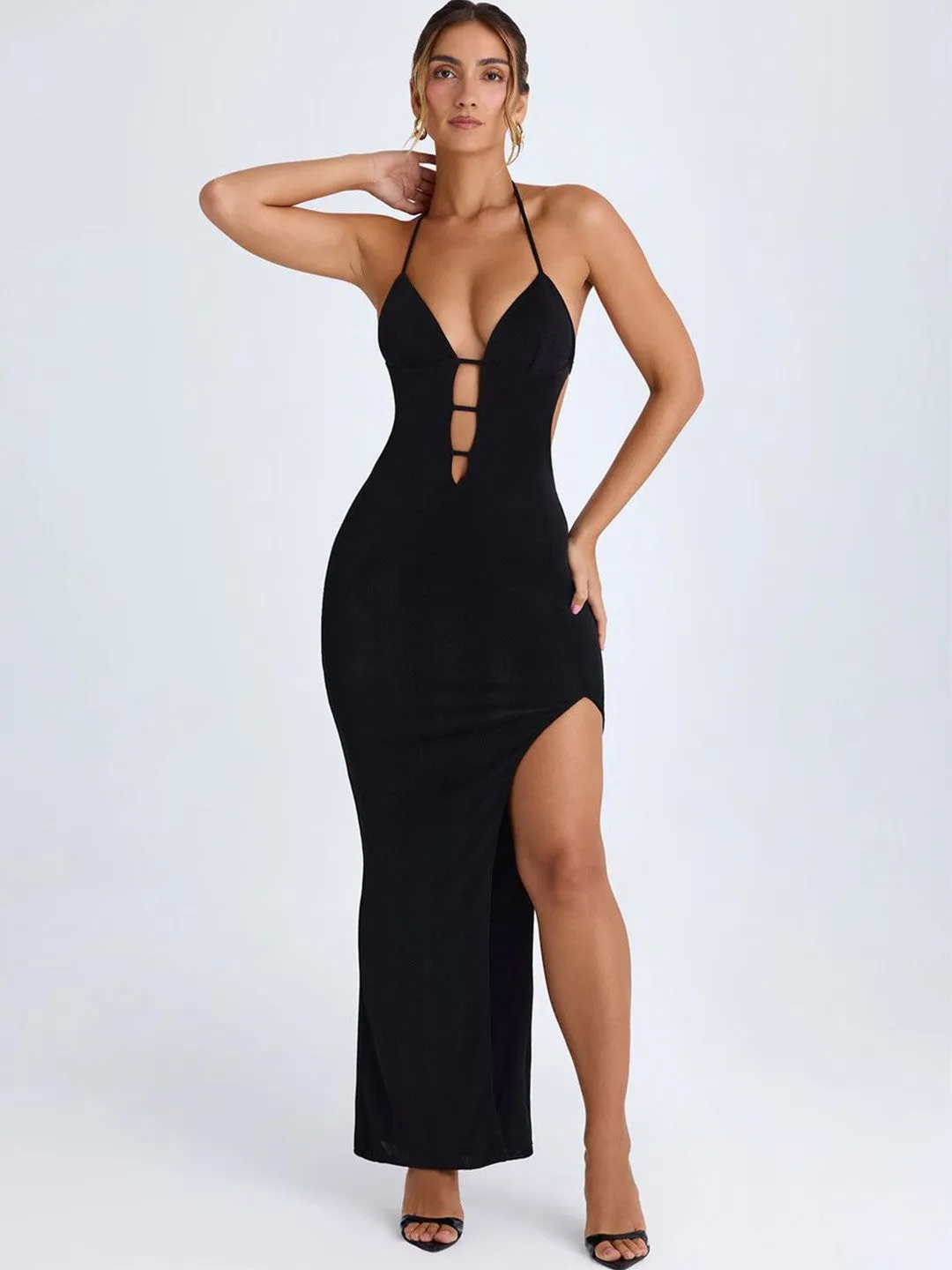 Black Halter Neck Bodycon Maxi Dress
