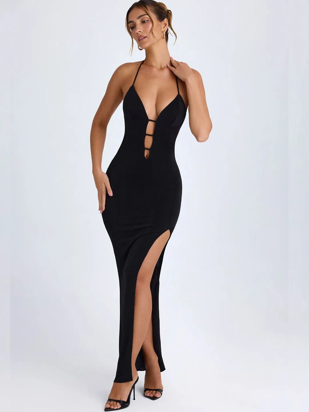 Black Halter Neck Bodycon Maxi Dress