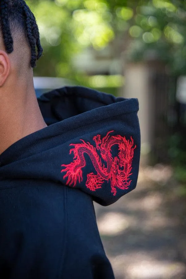 Black Hoodie With Red Dragon Embroidery