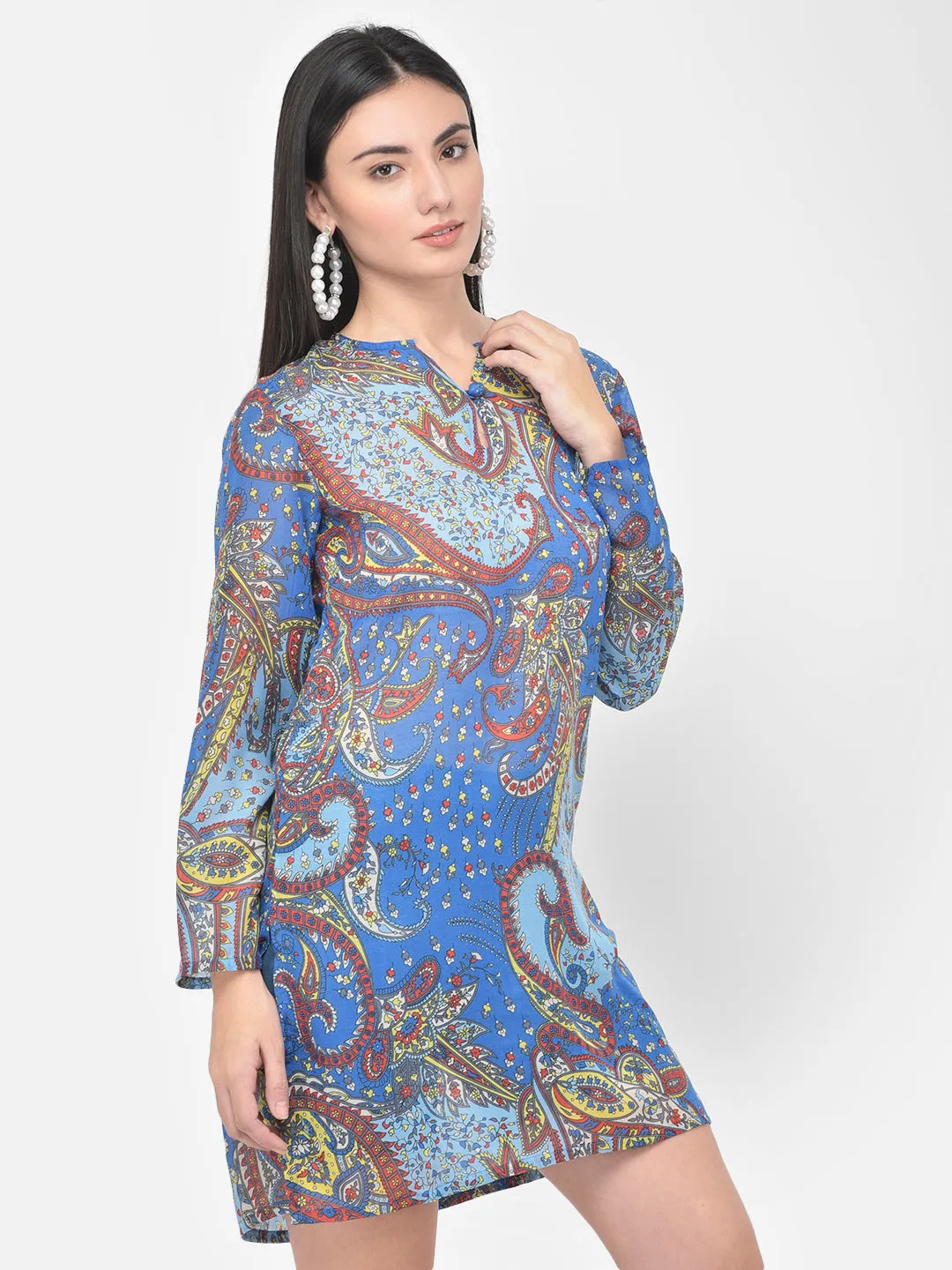 Blue printed cotton tunic dress