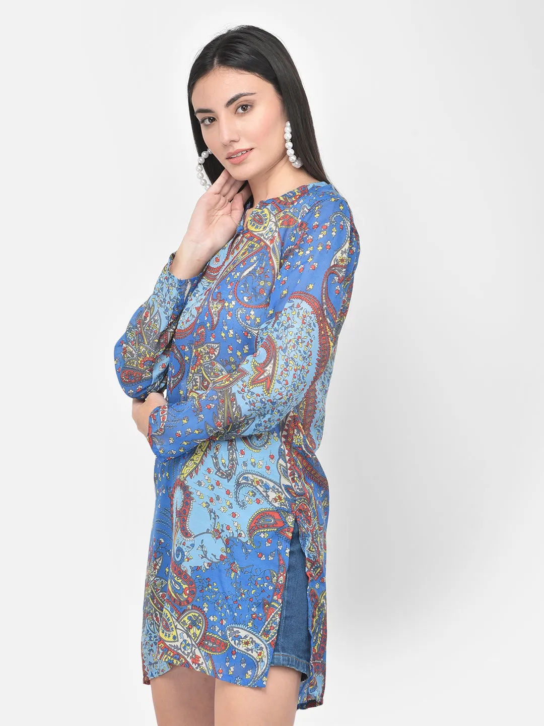 Blue printed cotton tunic dress