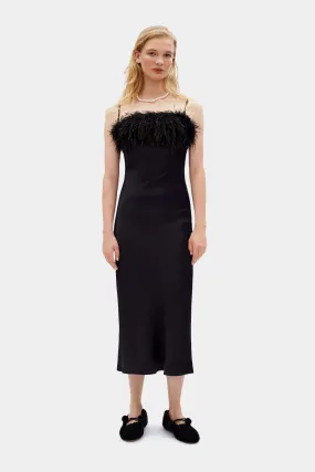 Boheme Slip Dress with Feathers in Black