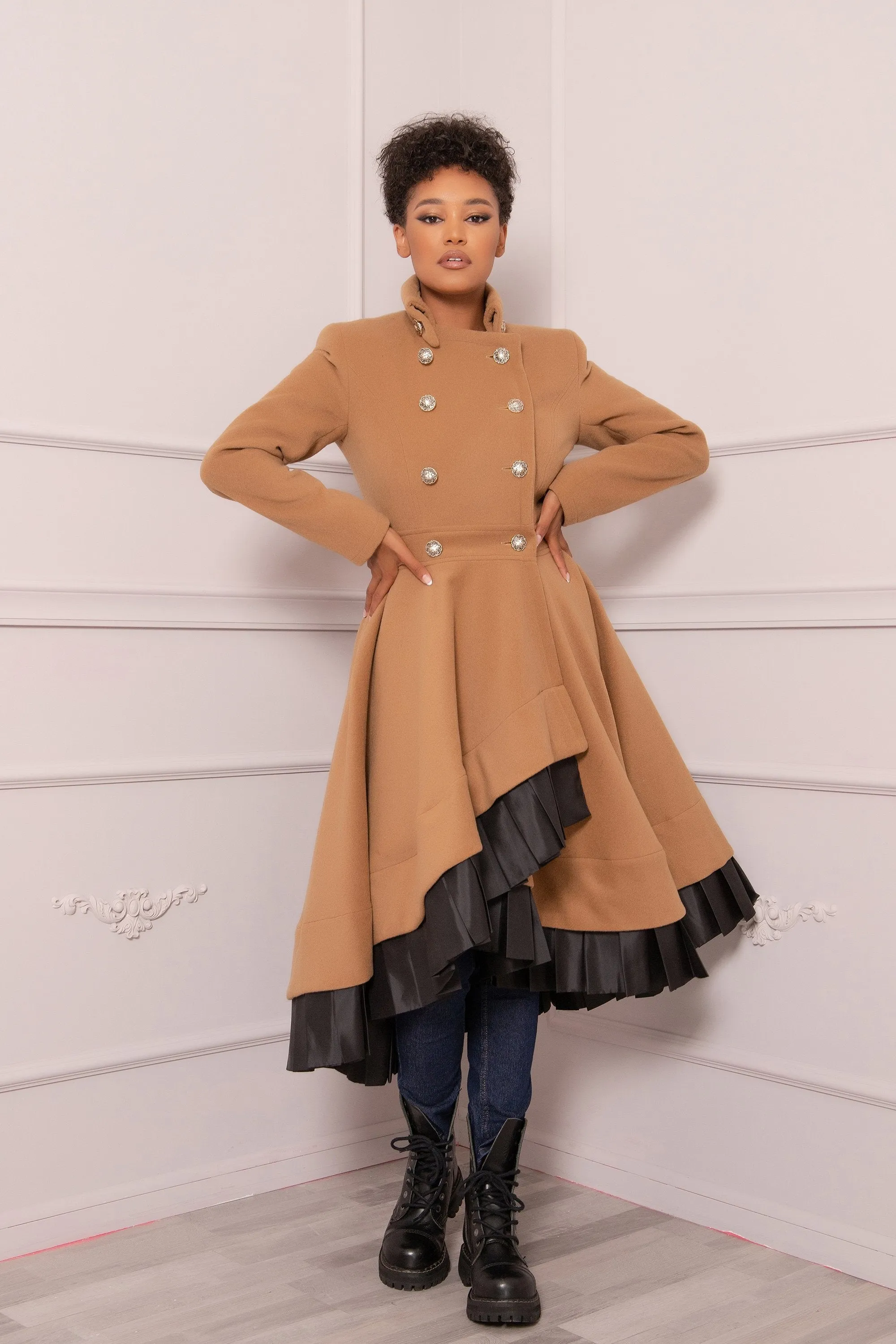 CAMEL WOOL SKIRT COAT