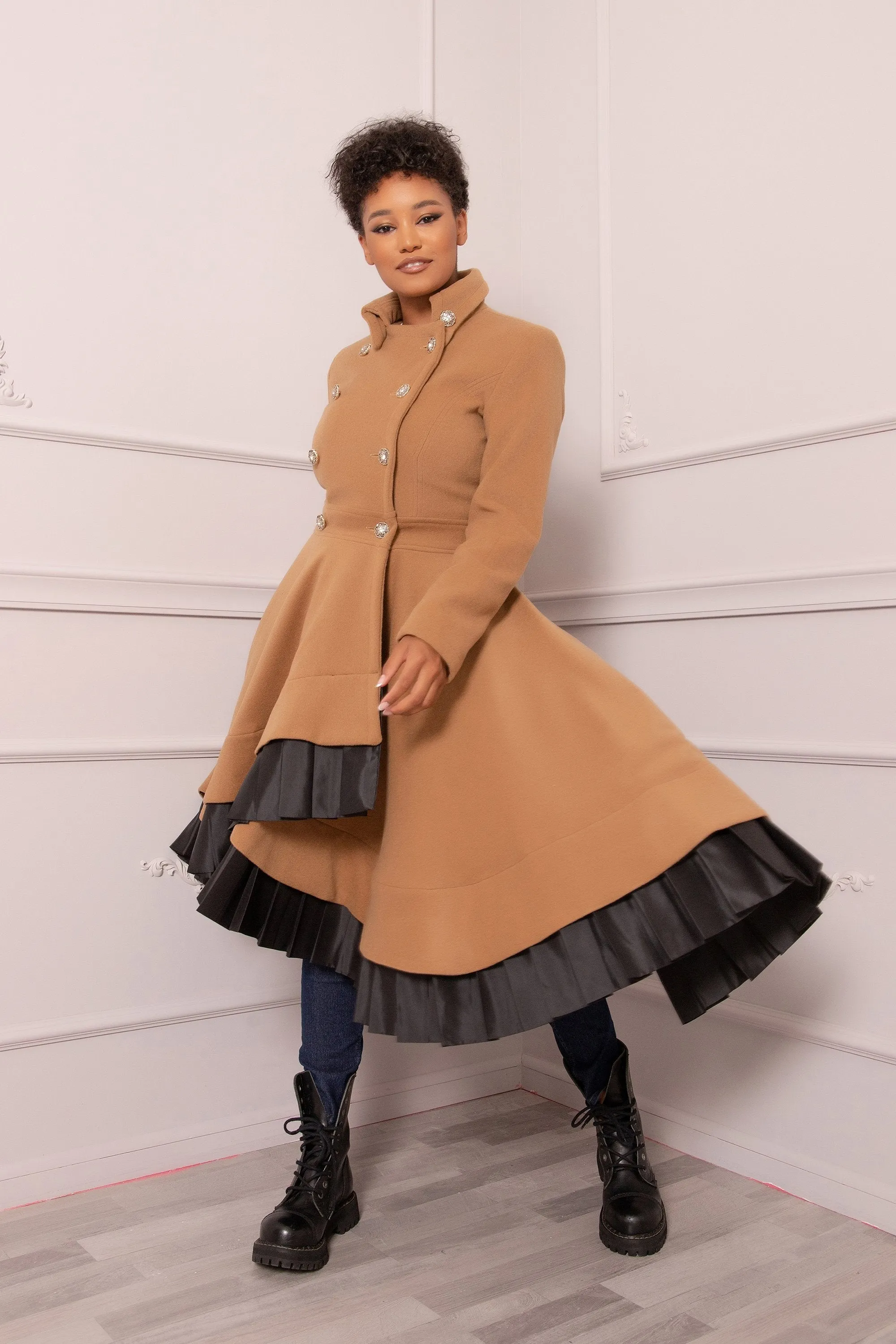 CAMEL WOOL SKIRT COAT
