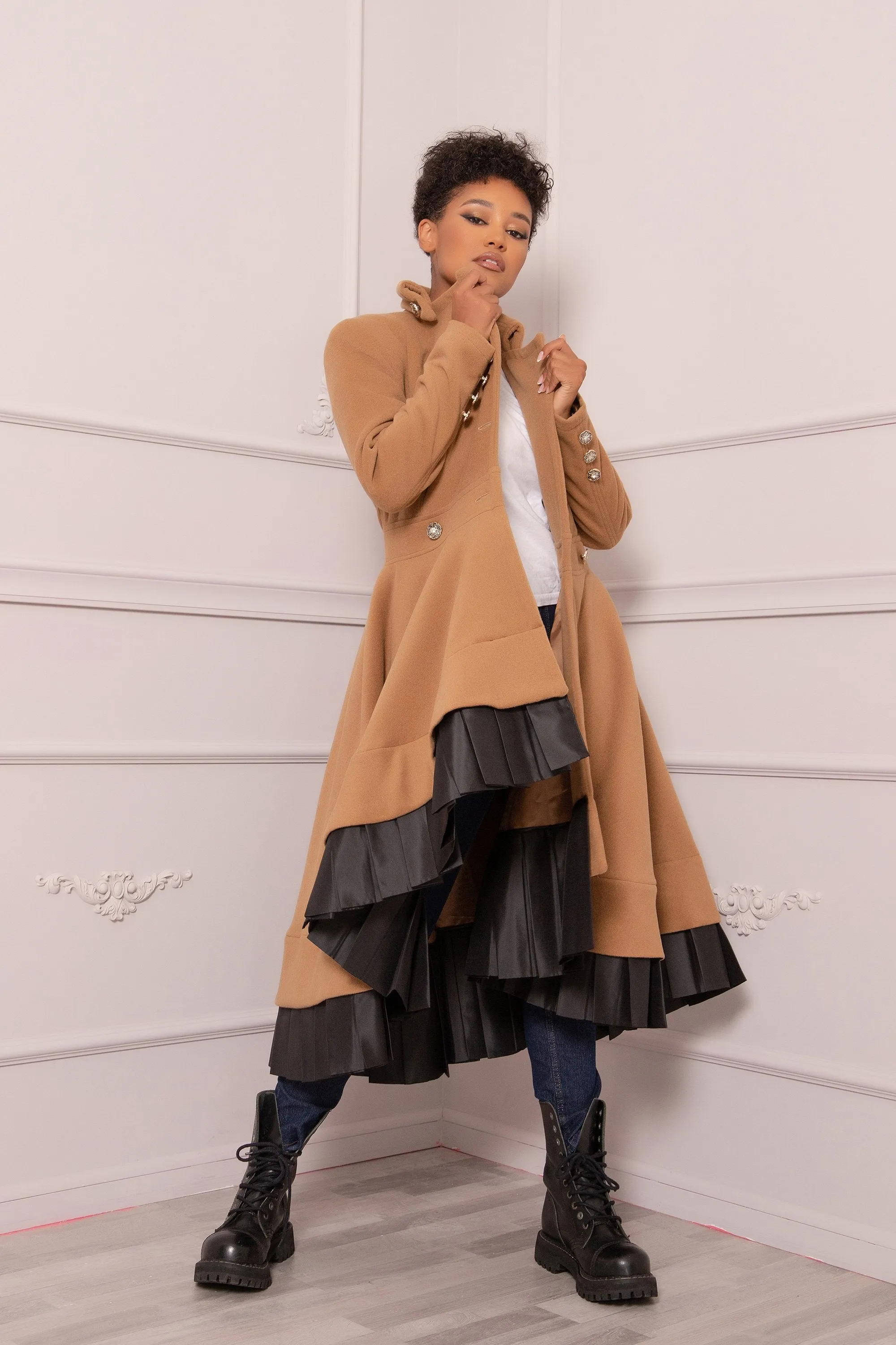 CAMEL WOOL SKIRT COAT