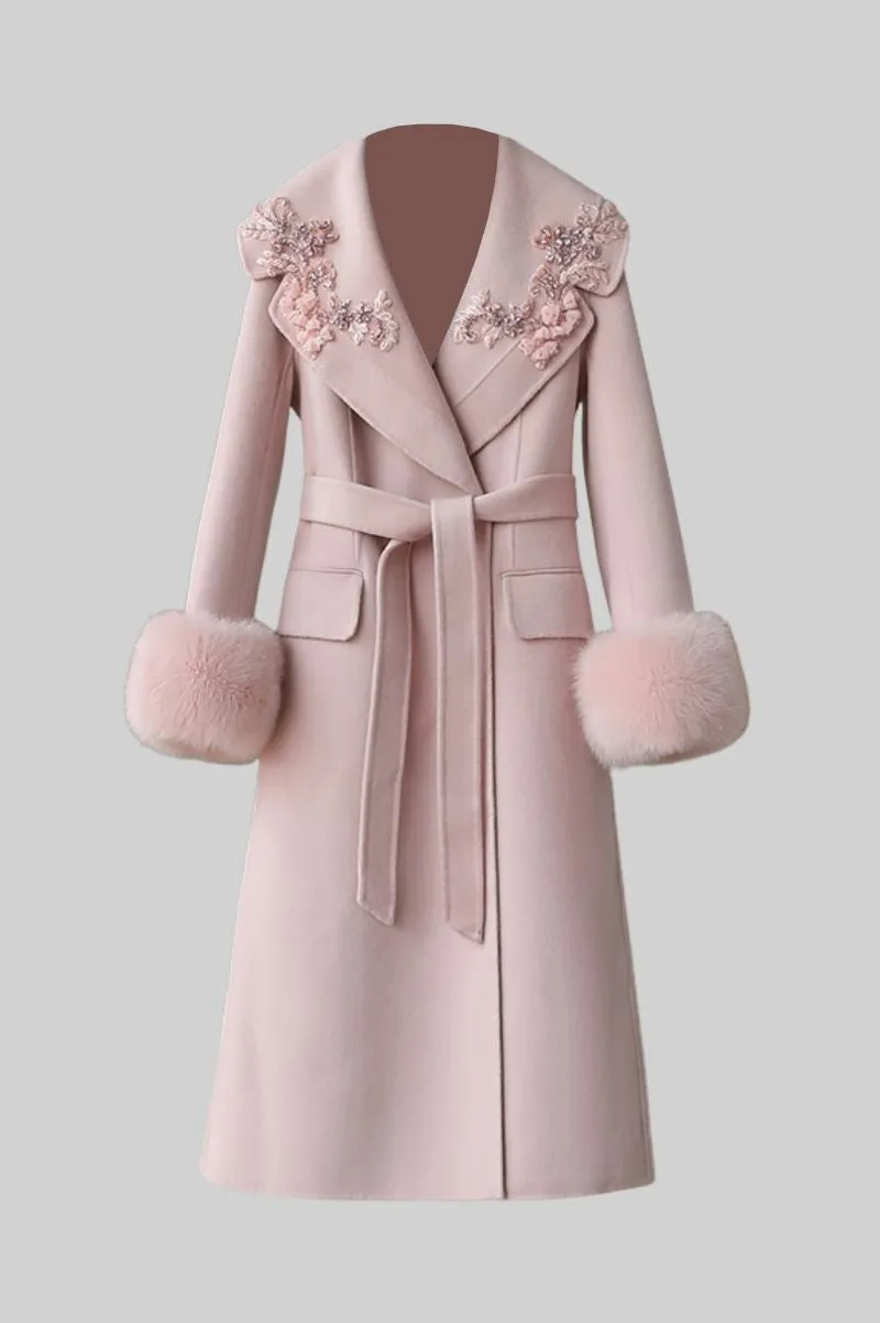 Cashmere Overcoat With Fox Fur Cuffs And 3D Floral Detailing - Pink