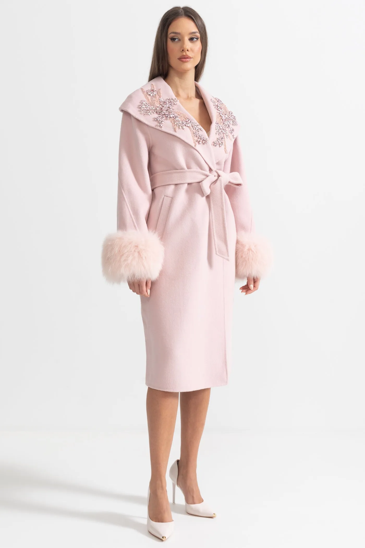Cashmere Overcoat With Fox Fur Cuffs And 3D Floral Detailing - Pink