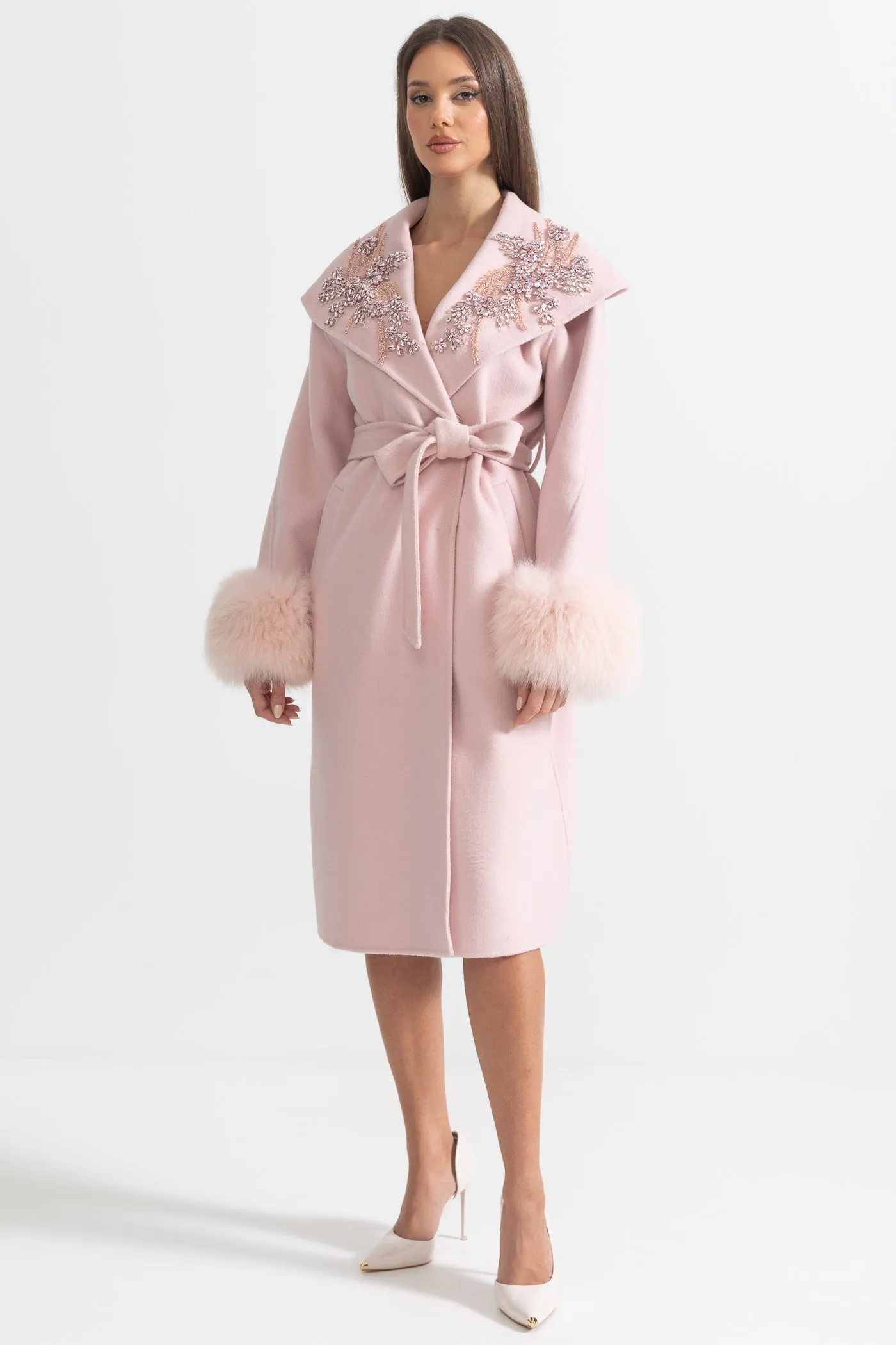 Cashmere Overcoat With Fox Fur Cuffs And 3D Floral Detailing - Pink