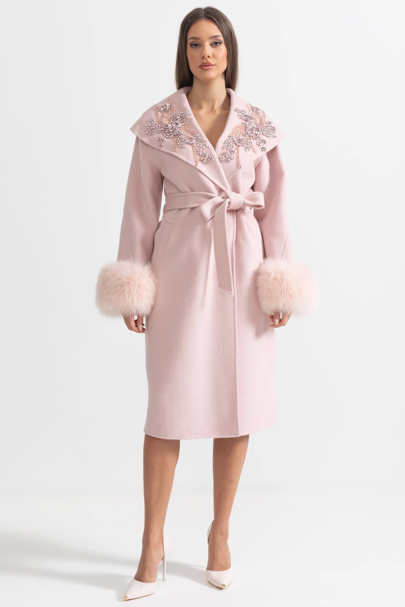 Cashmere Overcoat With Fox Fur Cuffs And 3D Floral Detailing - Pink