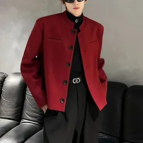 Chicmy-Wine Red Blazers Men Suit Jackets Casual Stand Collar Solid Color Male Short Coats Korean Trendy Men's Clothing Autumn New