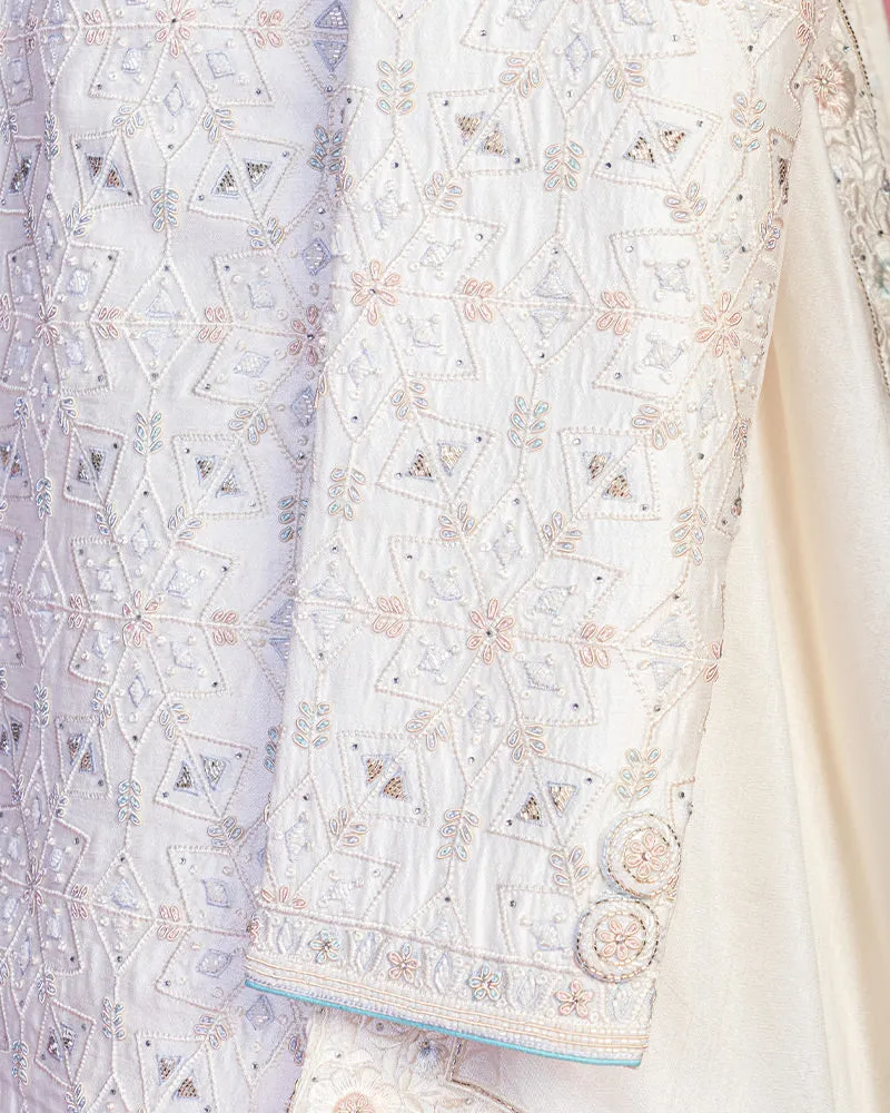 Cream Long Kurta with Over coat Sherwani and Pyjama Set