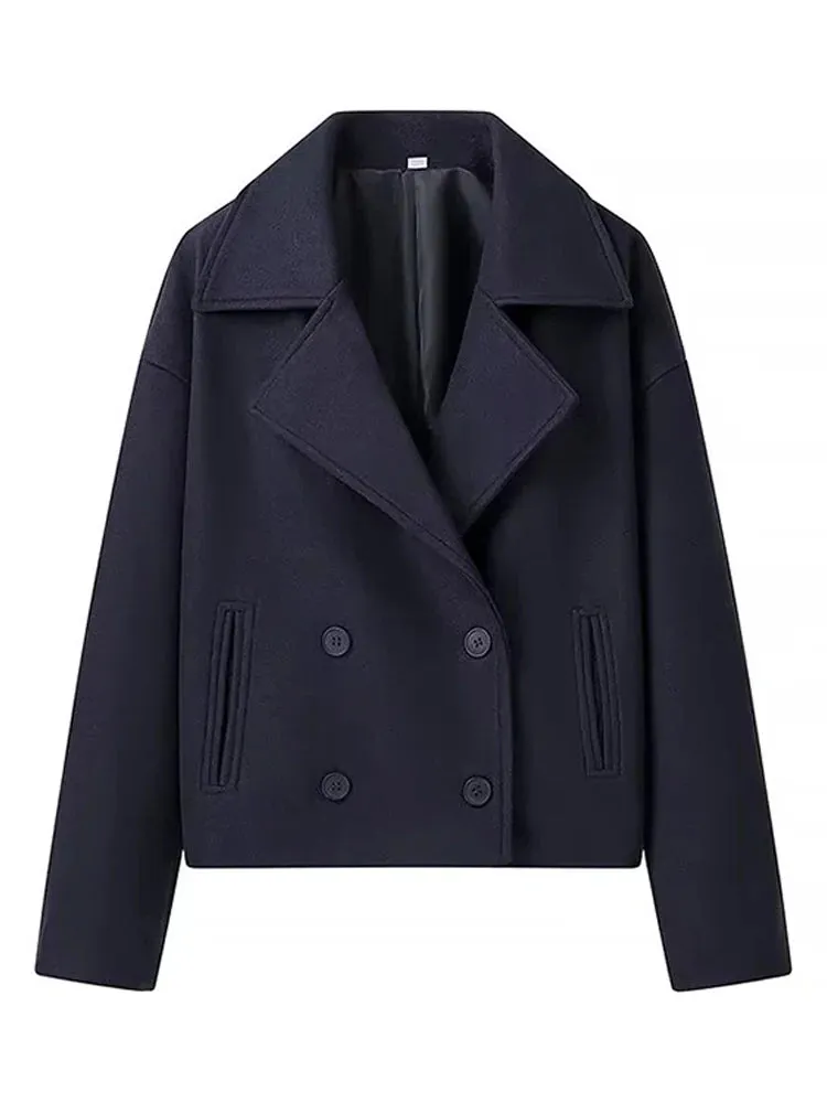 Fashion Short Woolen Jackets For Women Fleece Long Sleeved Double Breasted Lapel Pockets Coats Elegant Autumn Overcoat New