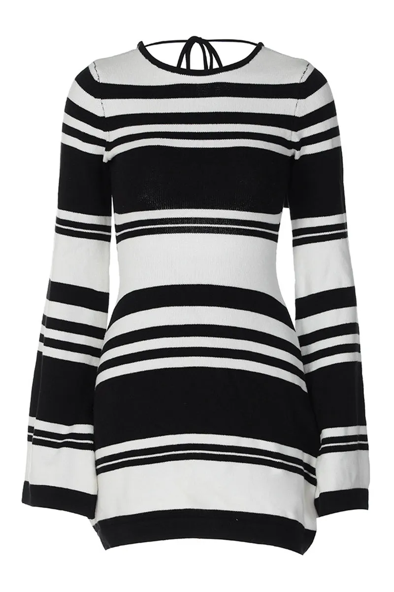 Flare sleeve Backless Striped Knit Mini Dress