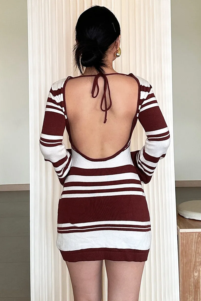 Flare sleeve Backless Striped Knit Mini Dress