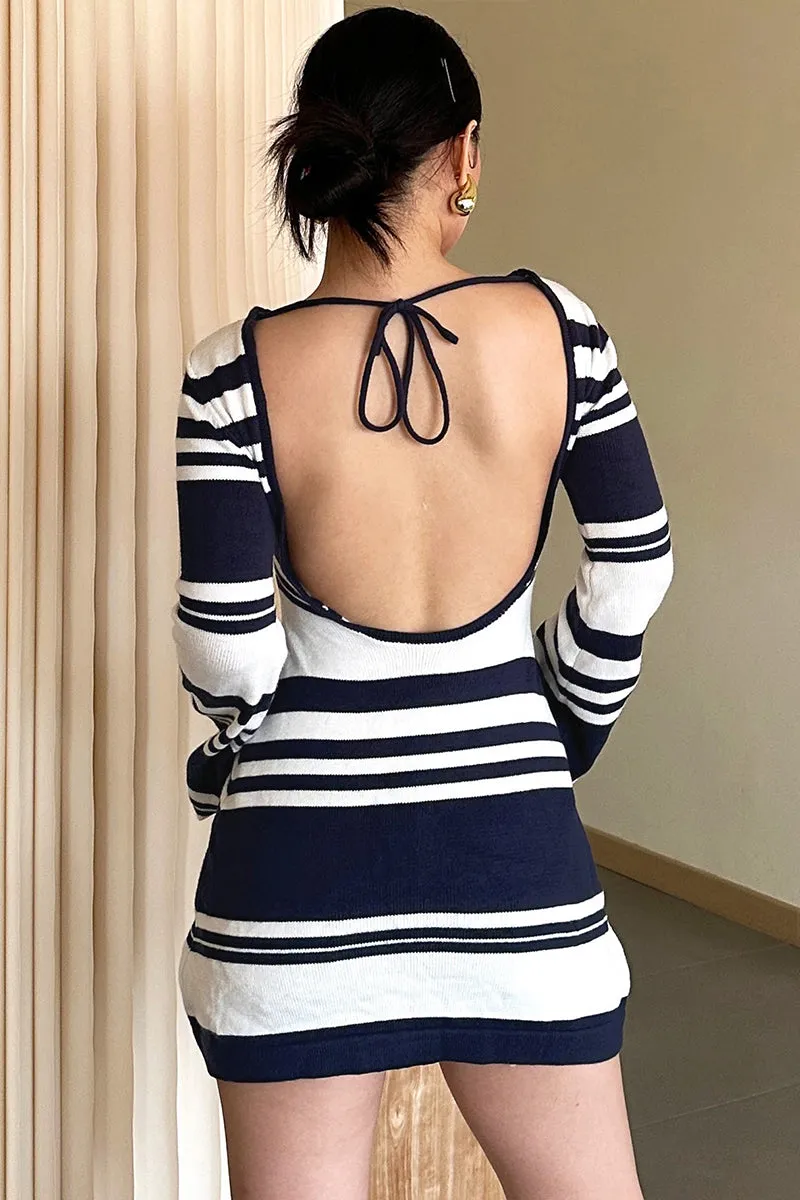 Flare sleeve Backless Striped Knit Mini Dress