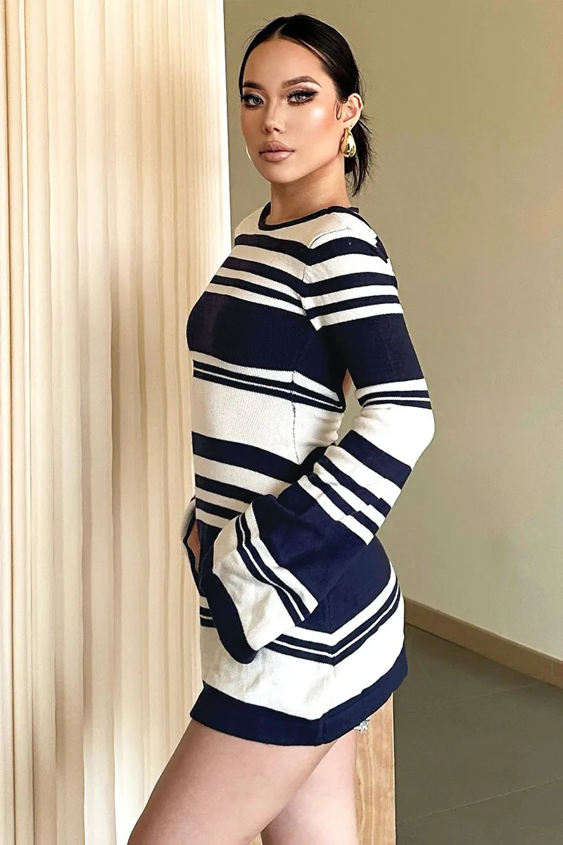 Flare sleeve Backless Striped Knit Mini Dress
