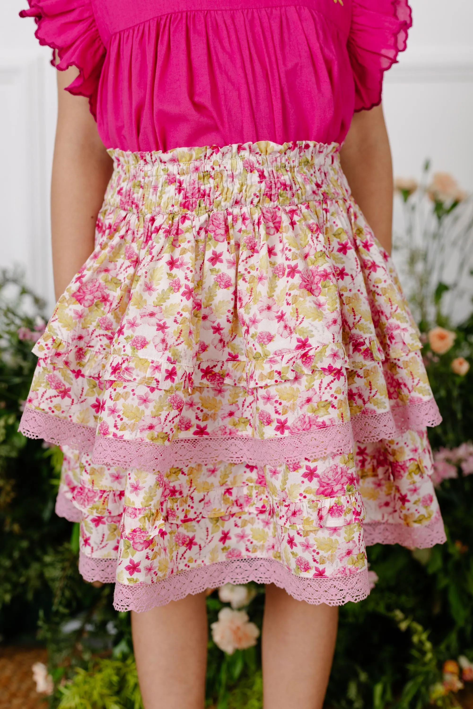 Giada Double Layered Cotton Cambric Girls Skirt - Pink Garden