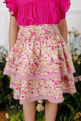 Giada Double Layered Cotton Cambric Girls Skirt - Pink Garden