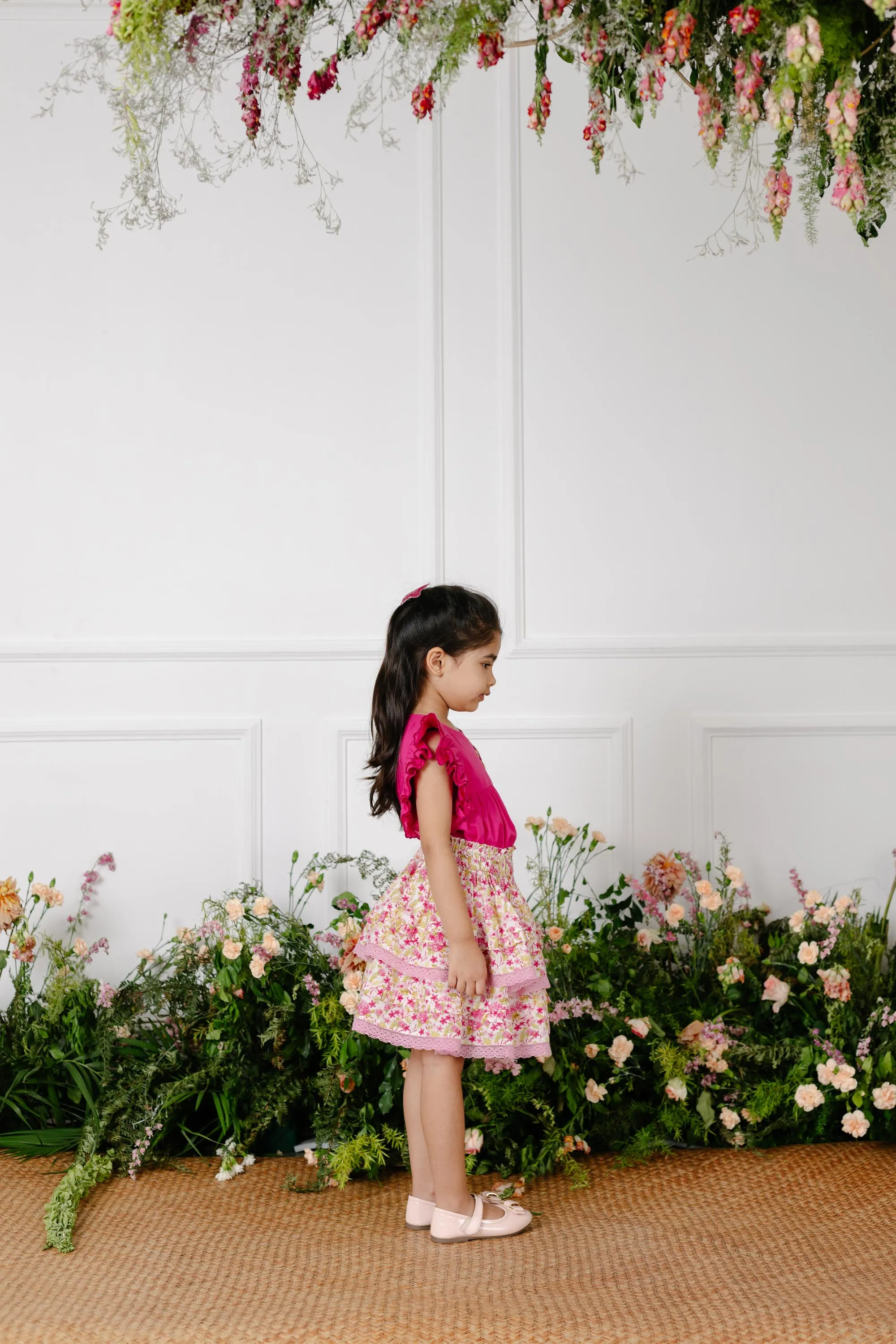 Giada Double Layered Cotton Cambric Girls Skirt - Pink Garden