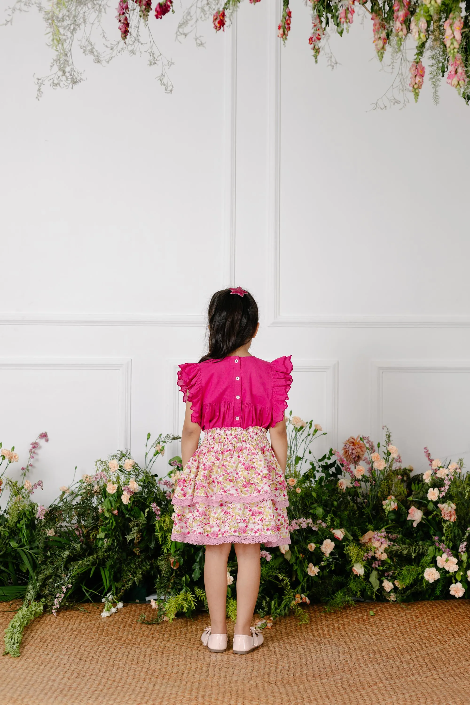 Giada Double Layered Cotton Cambric Girls Skirt - Pink Garden