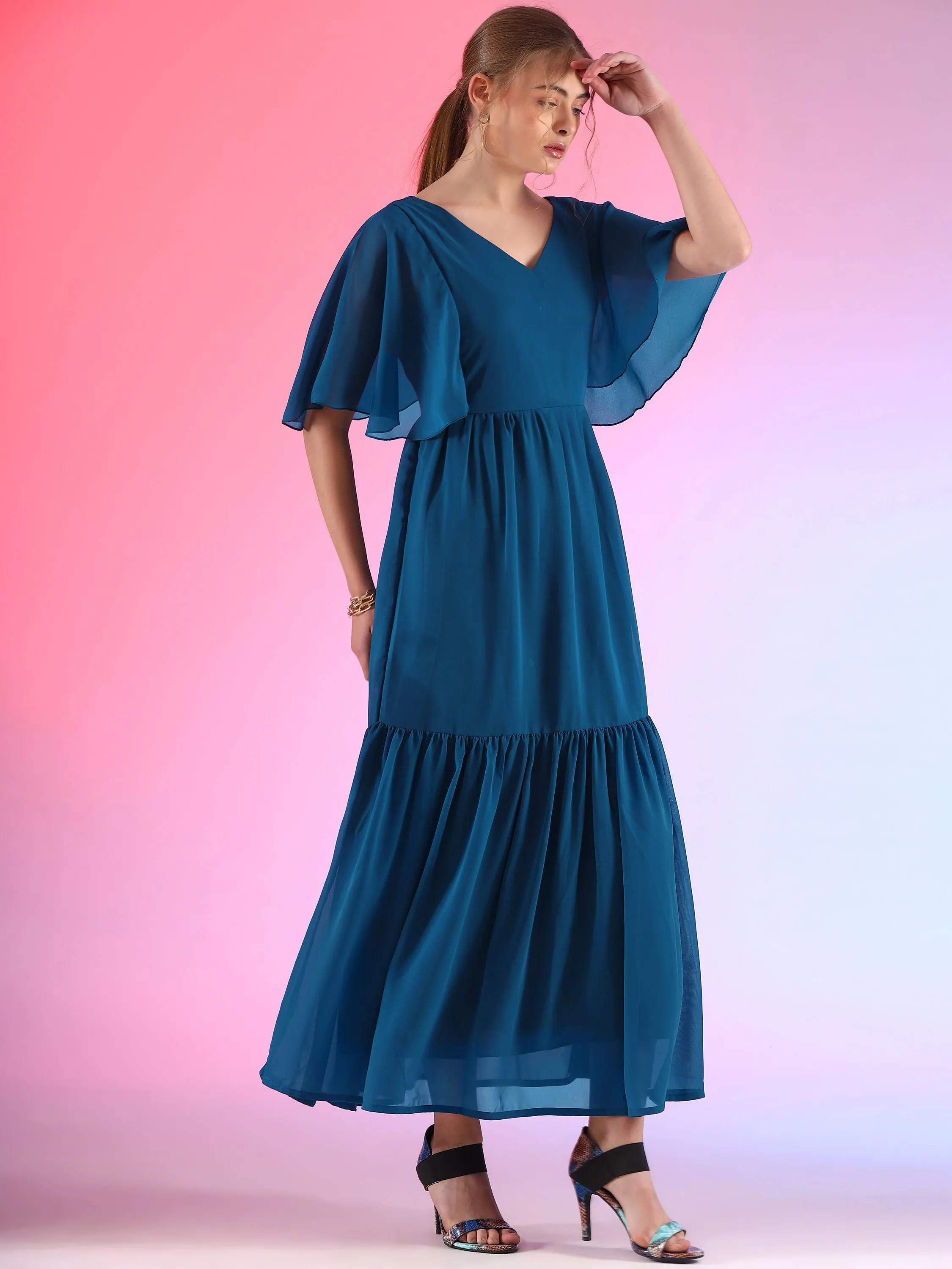 Glamour Solid Butterfly Sleeve Fit and Flare Maxi Dress